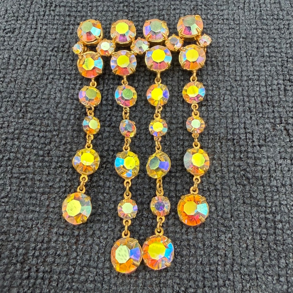 Vintage Rhinestone Waterfall Brooch Gold Tone Aurora Borealis Open Backed 3.1 "